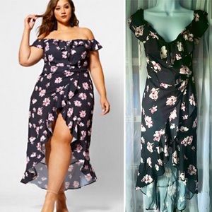 FTF NWOT Off Shoulder Black Pink Floral High Low Crepe Ruffle Dress Size 3 22 24